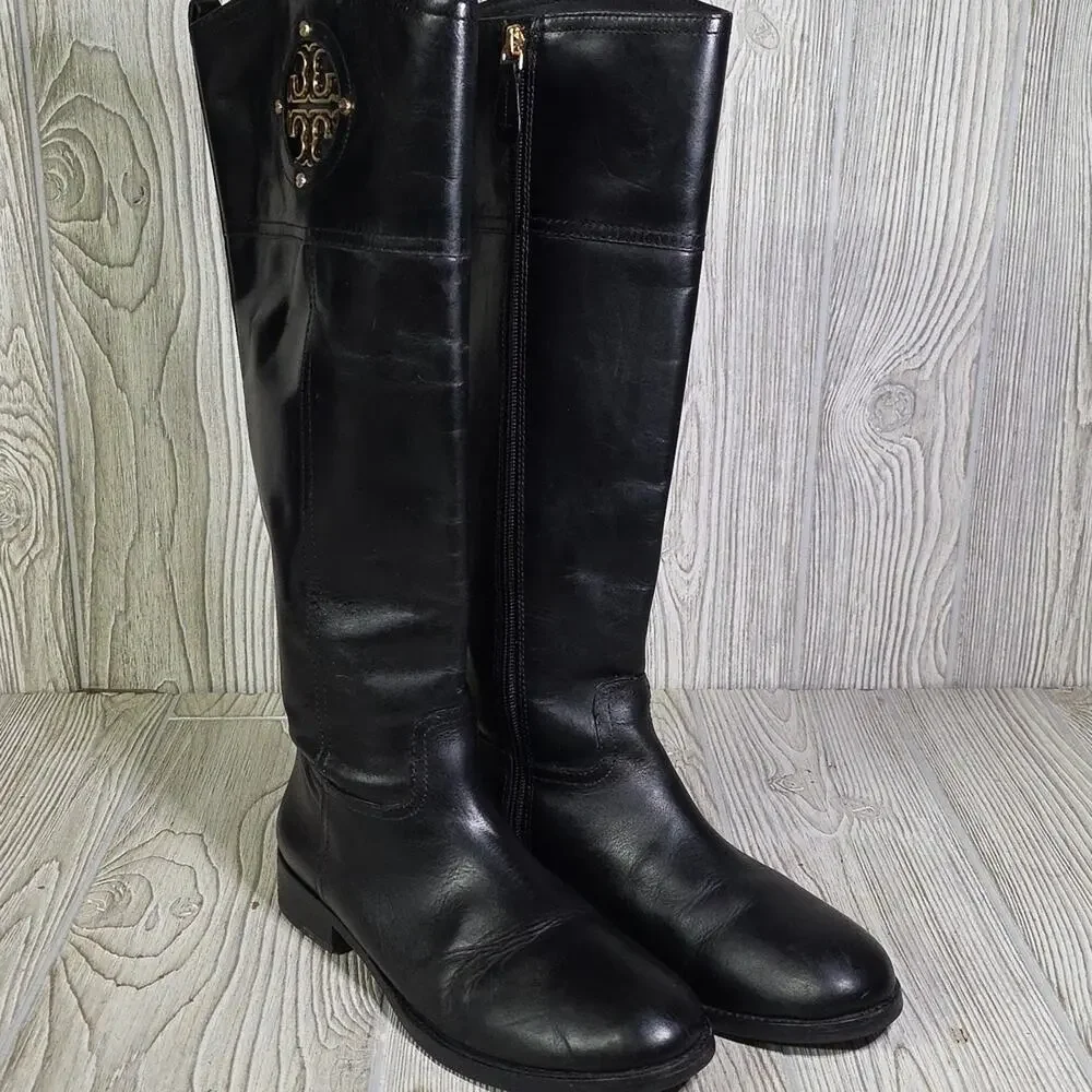 Tory Burch Kiernan Black Leather Riding Boots With Gold  Tone Logo Womens Size 8